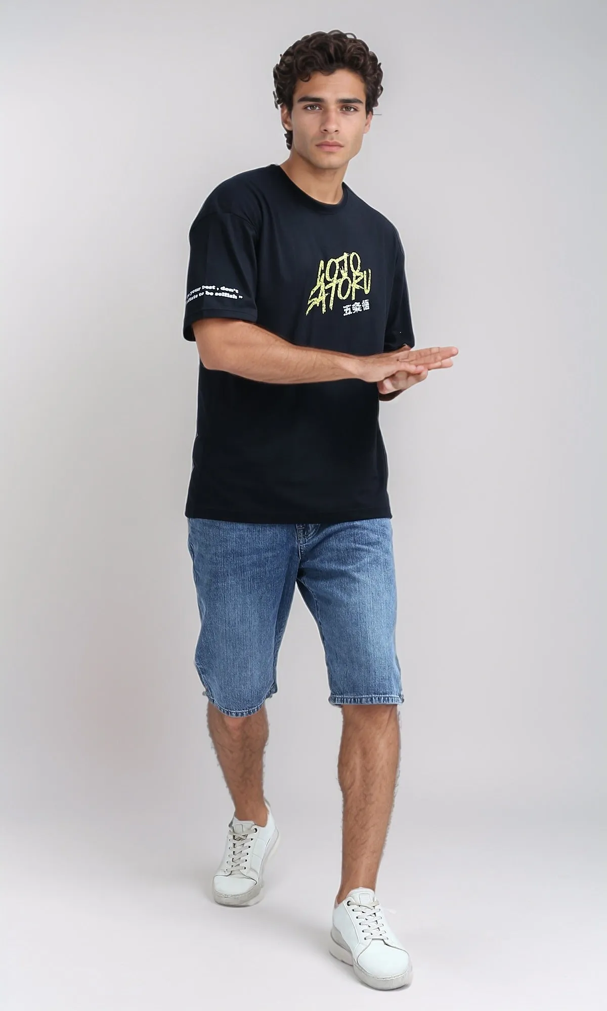 O198307 Front & Back Printed Tee with Elbow Sleeves - Black