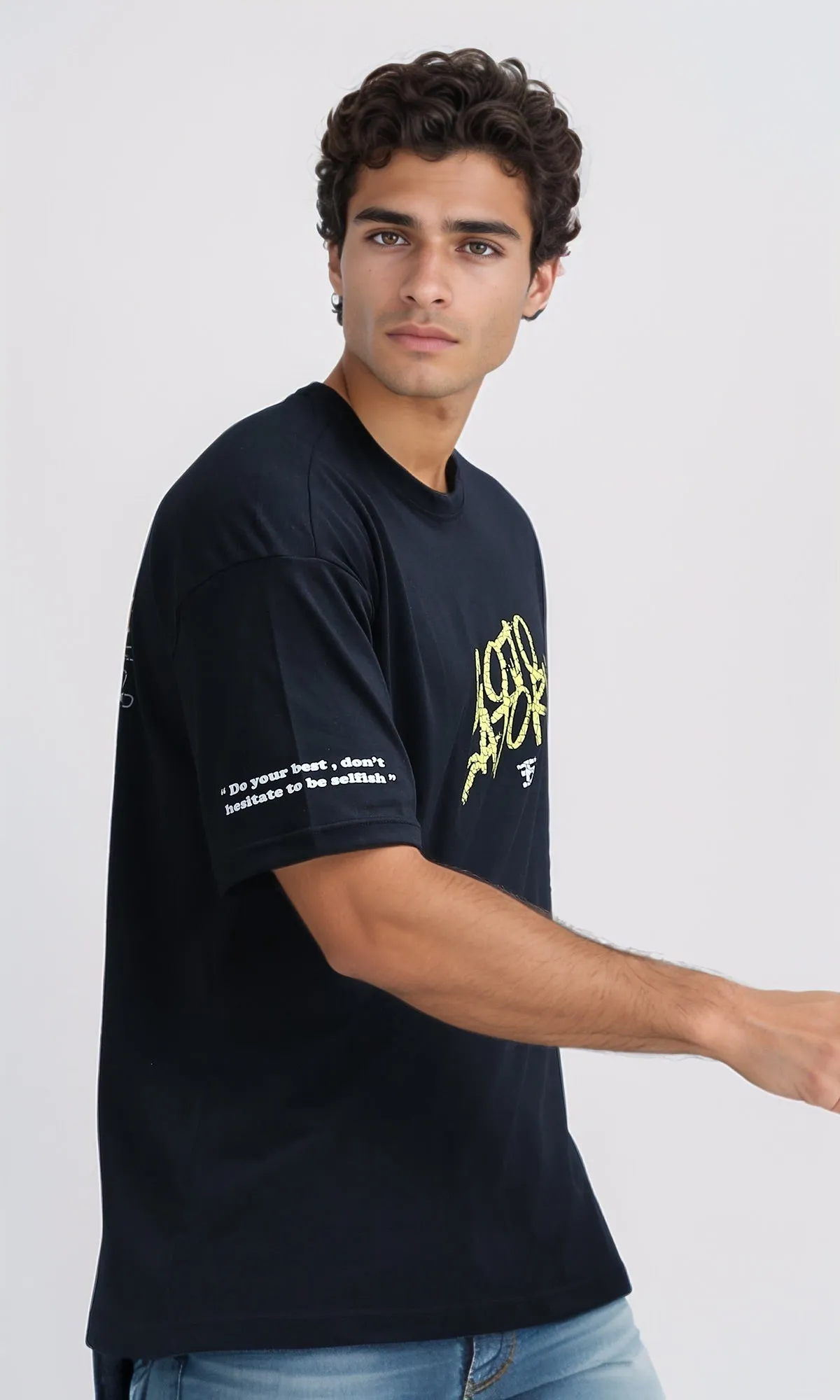O198307 Front & Back Printed Tee with Elbow Sleeves - Black