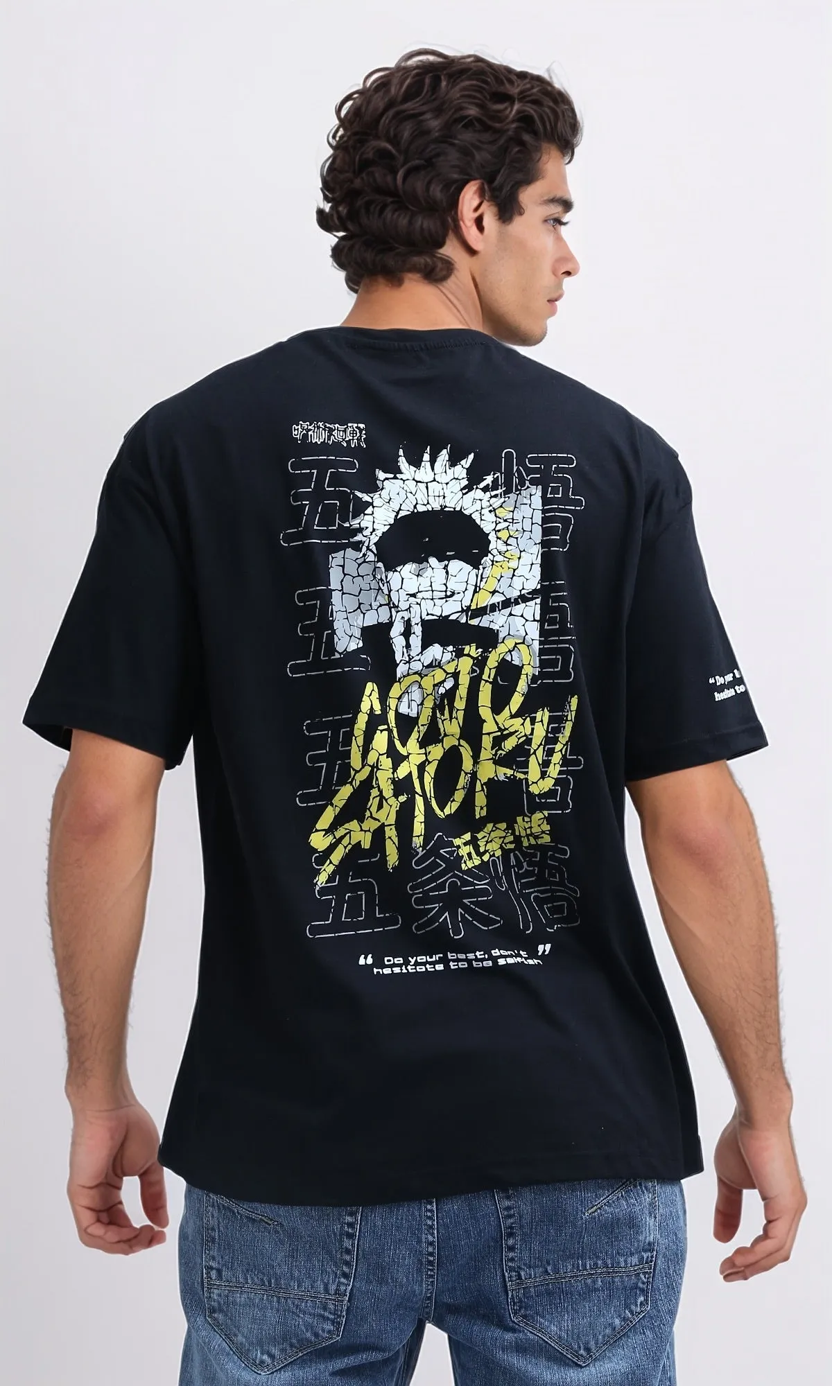 O198307 Front & Back Printed Tee with Elbow Sleeves - Black