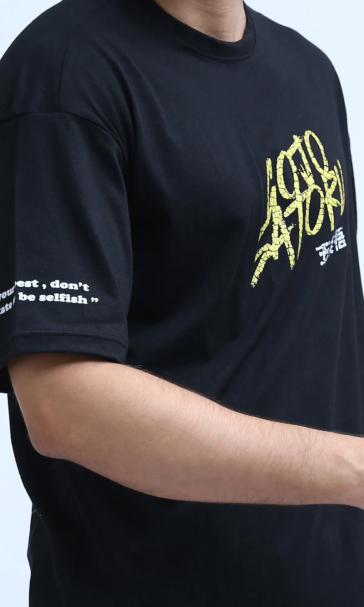 O198307 Front & Back Printed Tee with Elbow Sleeves - Black