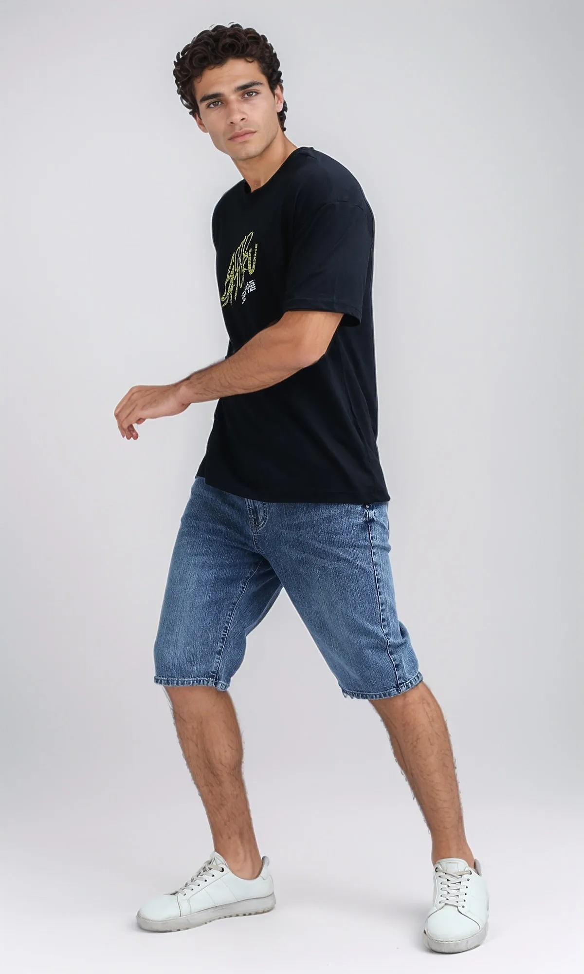 O198307 Front & Back Printed Tee with Elbow Sleeves - Black