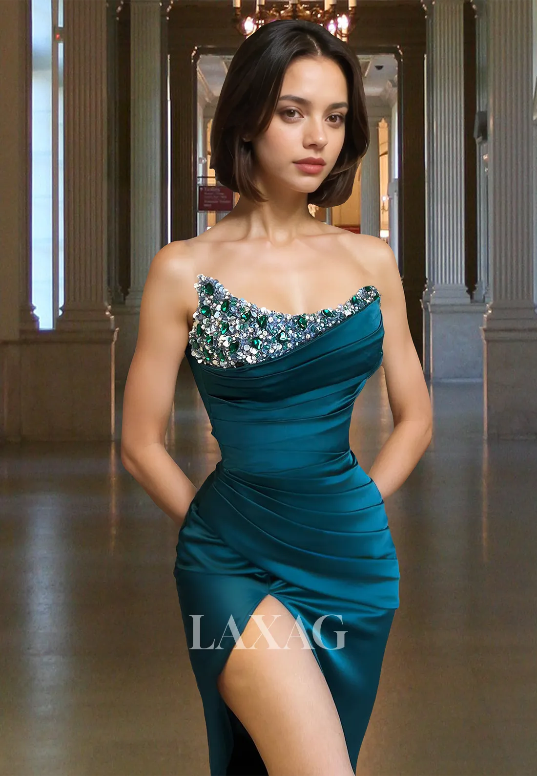 Off-Shoulder Sleeveless Pleated Beaded Mermaid Prom Dress Scoop-Neck Evening Gowns with High Slit