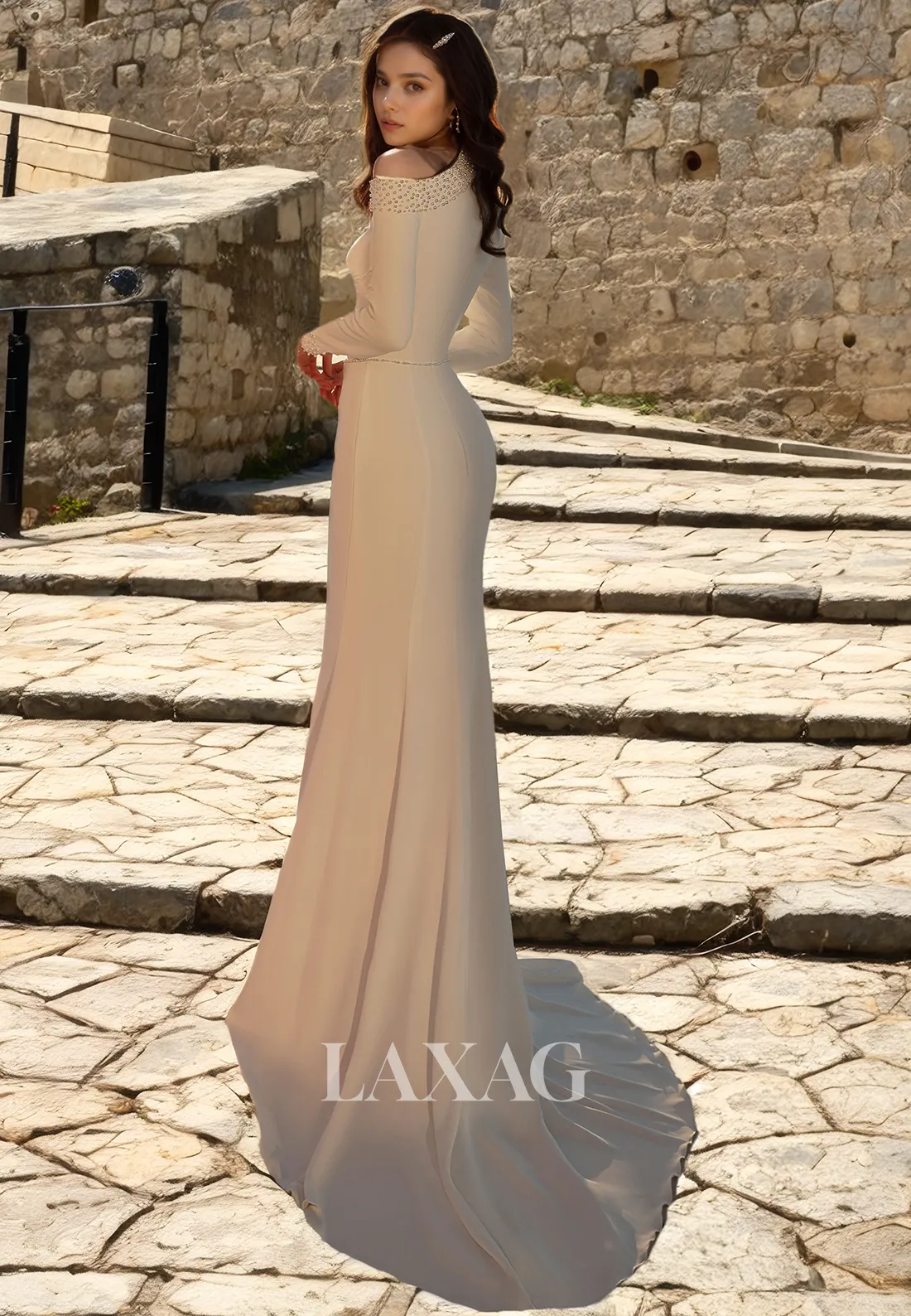 One Shoulder Long Sleeves Beaded Sleek Satin Elegant Wedding Dress with Train