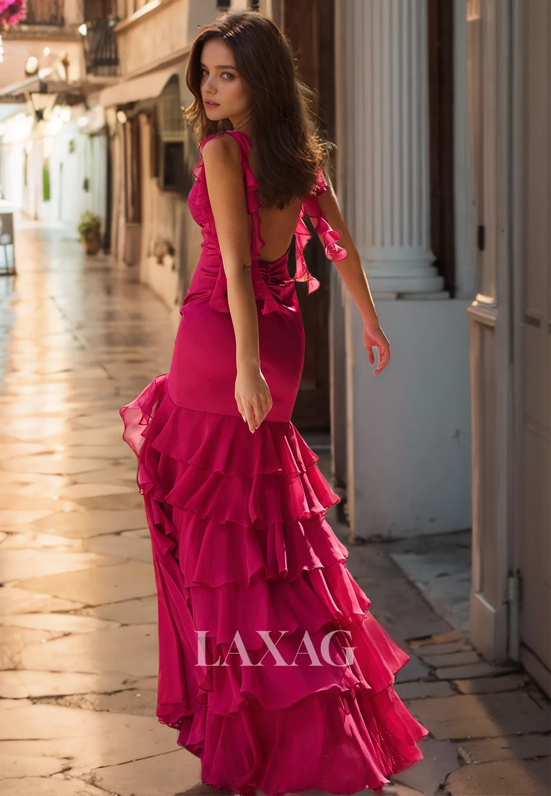 Pleated Sweetheart Sleeveless Slit Formal Dress Spaghetti Straps Prom Dress with Tiered Chiffon Train