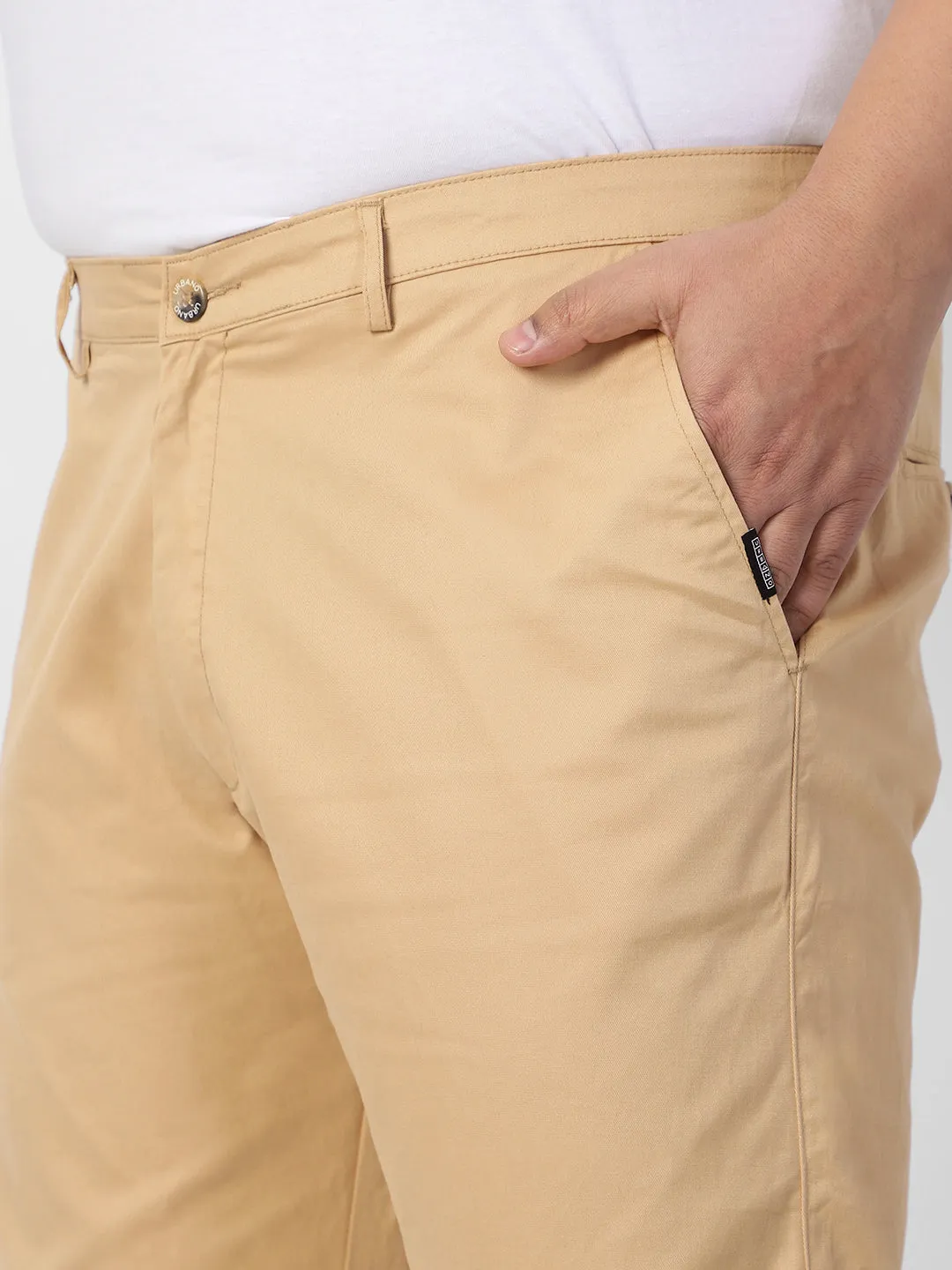 Plus Men's Beige Cotton Regular Fit Casual Chinos Trousers Stretch