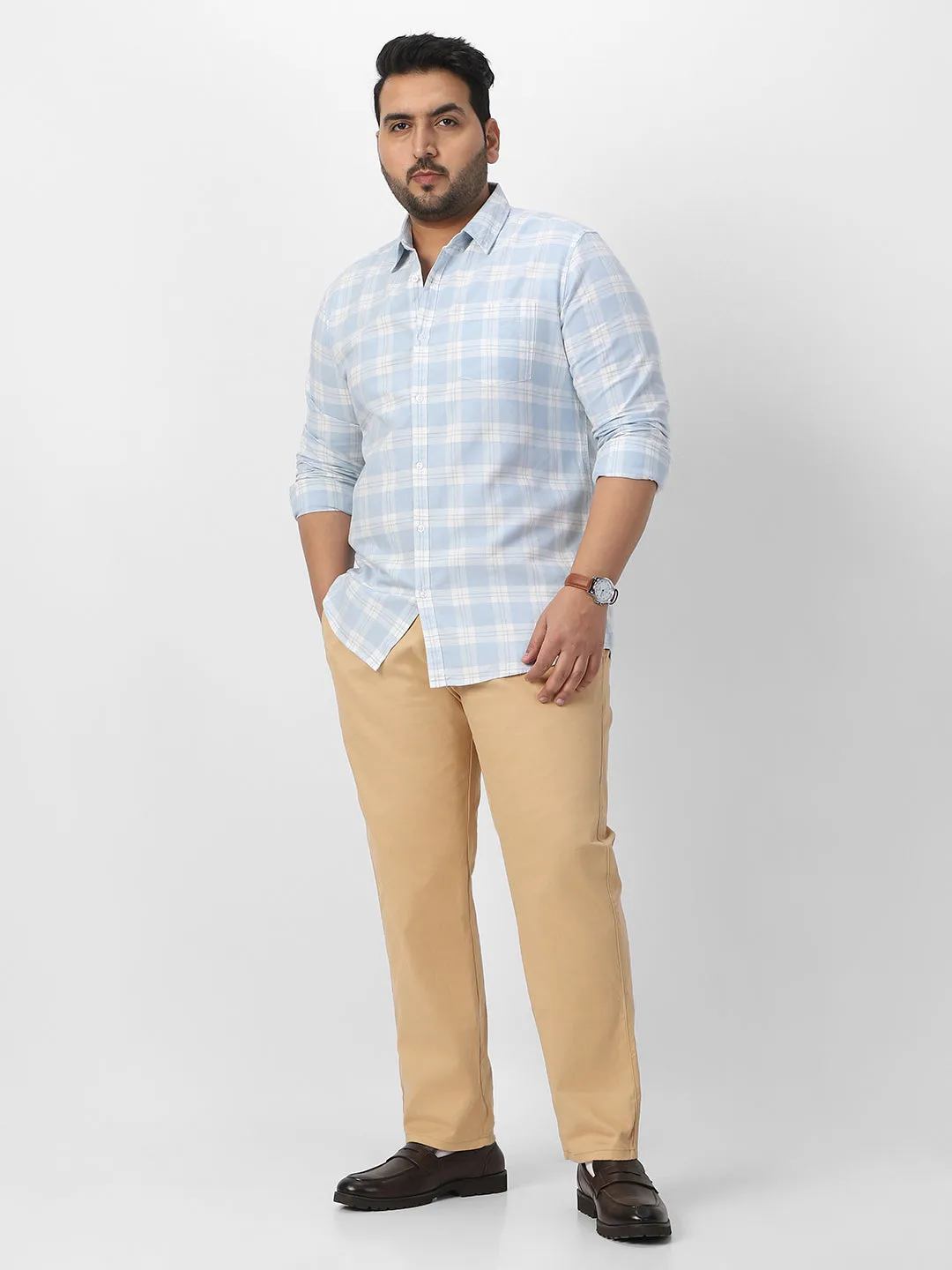 Plus Men's Beige Cotton Regular Fit Casual Chinos Trousers Stretch