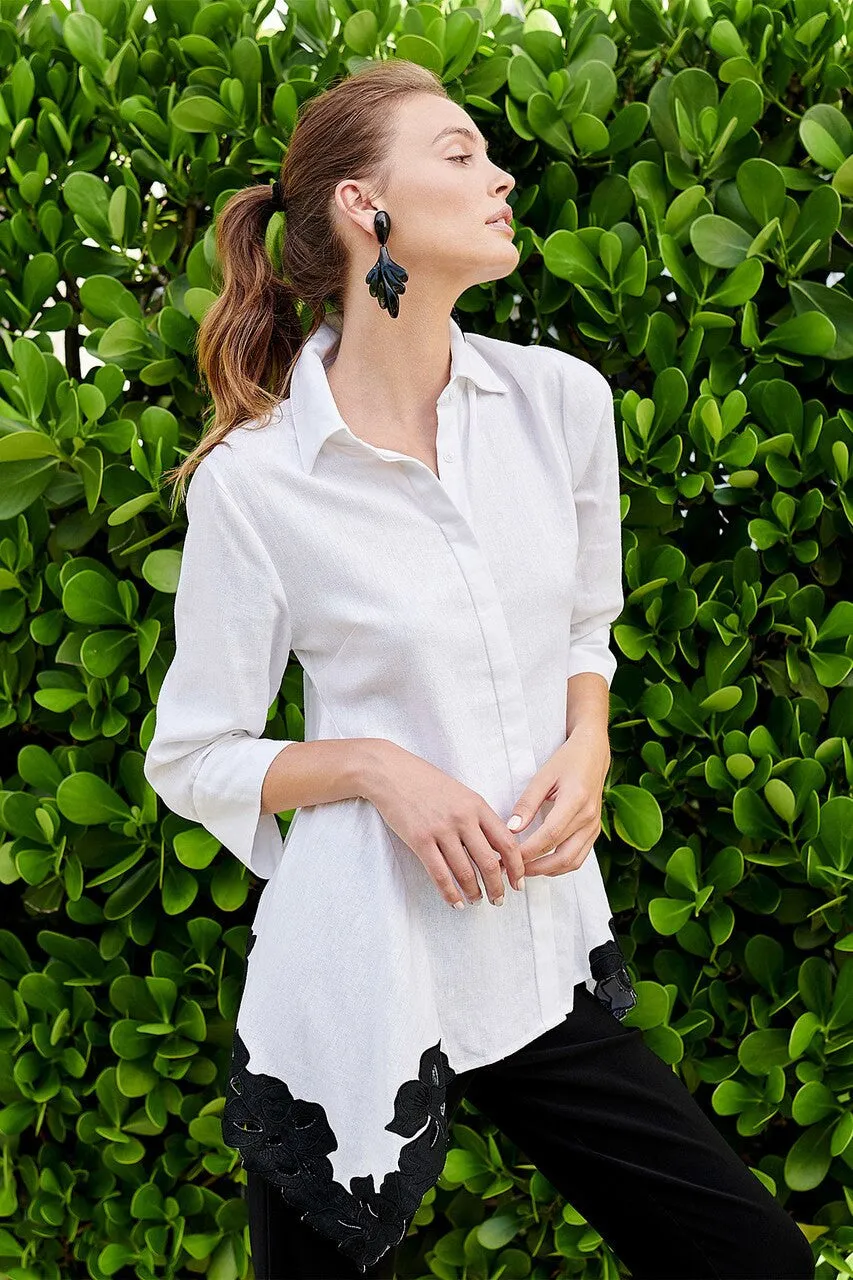 Solid Linen Blouse With Applique Hem