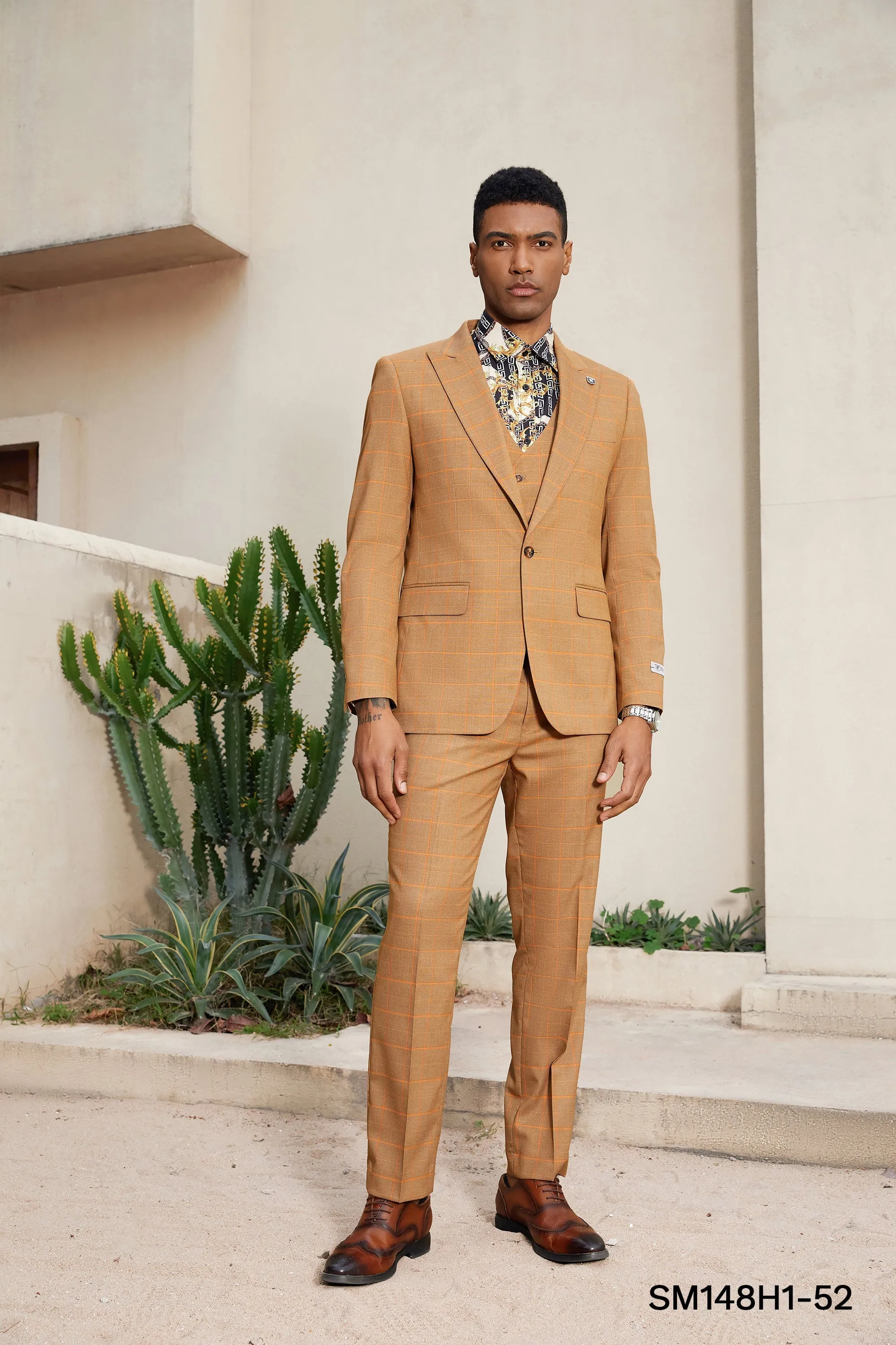 Stacy Adams Hybrid-Fit Vested Suit, Rust Windowpane