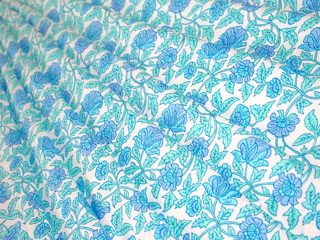 White Turquoise Blue Flowers Pure Cotton Fabric