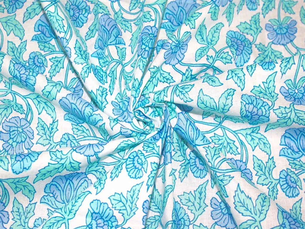 White Turquoise Blue Flowers Pure Cotton Fabric