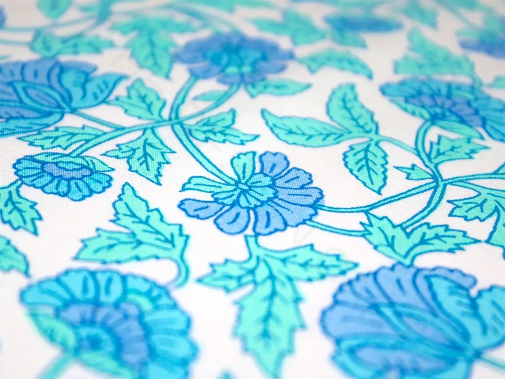 White Turquoise Blue Flowers Pure Cotton Fabric