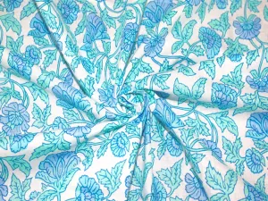 White Turquoise Blue Flowers Pure Cotton Fabric
