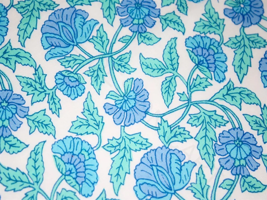 White Turquoise Blue Flowers Pure Cotton Fabric