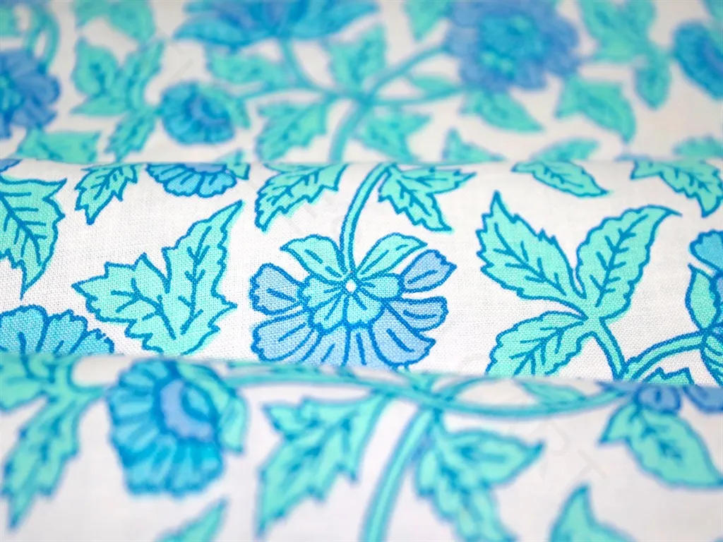 White Turquoise Blue Flowers Pure Cotton Fabric