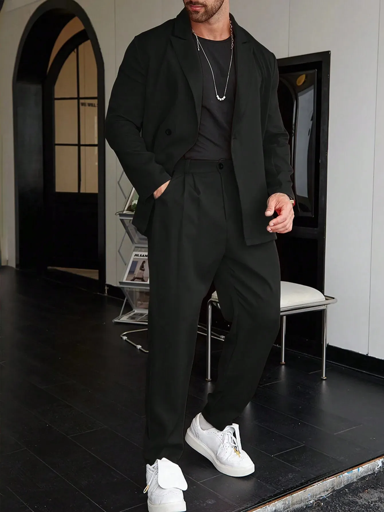 Wiaofellas  -  Casual Slim Fit Single Breasted Suit Button Down Pants Fashionable Business Two-Piece Set Street Hip-Hop Suit Pants SetWL008-MR7
