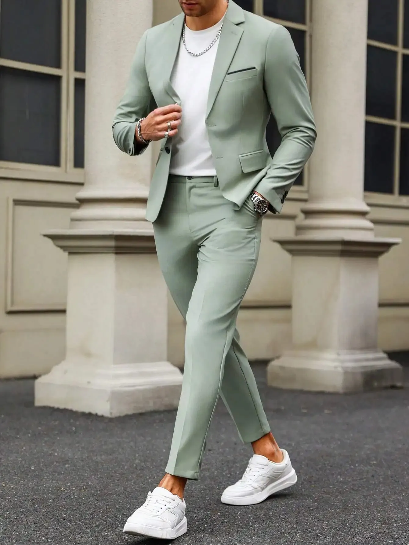 Wiaofellas  -  Casual Slim Fit Single Breasted Suit Button Down Pants Fashionable Business Two-Piece Set Street Hip-Hop Suit Pants SetWL008-MR7