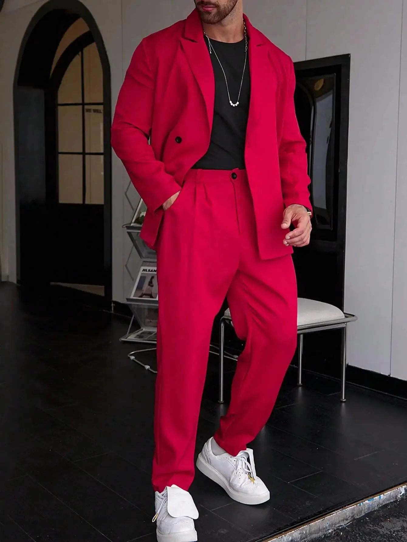 Wiaofellas  -  Casual Slim Fit Single Breasted Suit Button Down Pants Fashionable Business Two-Piece Set Street Hip-Hop Suit Pants SetWL008-MR7