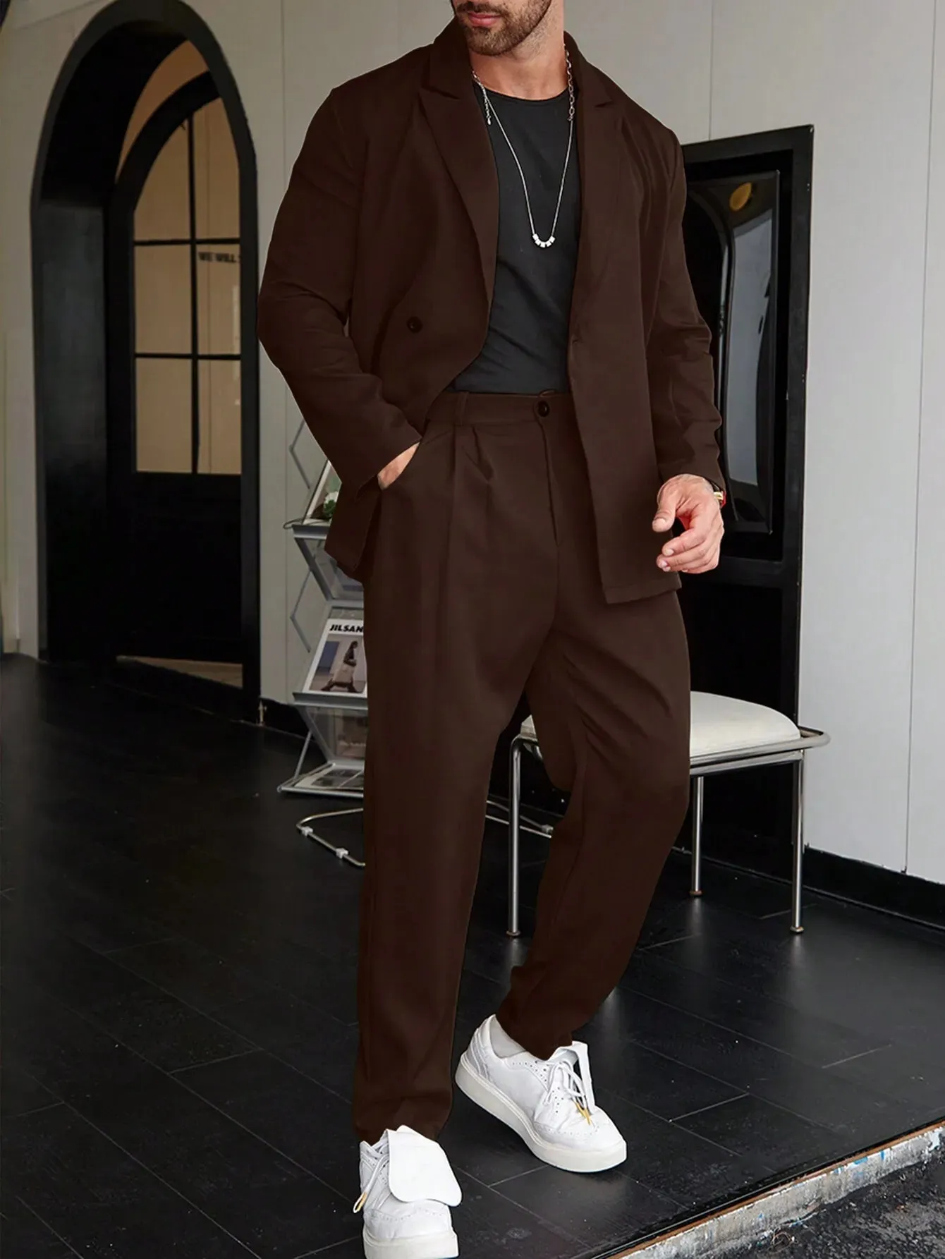 Wiaofellas  -  Casual Slim Fit Single Breasted Suit Button Down Pants Fashionable Business Two-Piece Set Street Hip-Hop Suit Pants SetWL008-MR7
