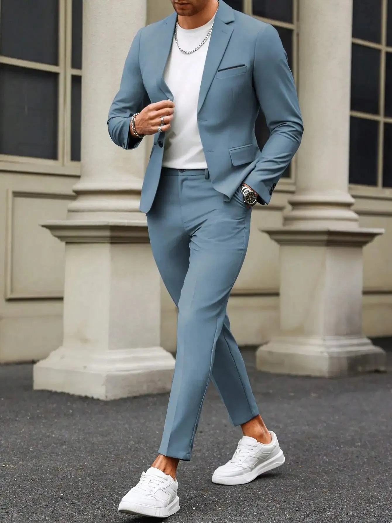 Wiaofellas  -  Casual Slim Fit Single Breasted Suit Button Down Pants Fashionable Business Two-Piece Set Street Hip-Hop Suit Pants SetWL008-MR7