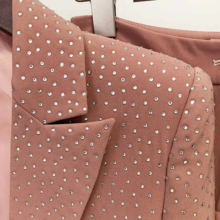 Women's 2 Piece One Button Blue Suit Fashionable Drilling Set Slim Fit Blazer Pans Suits