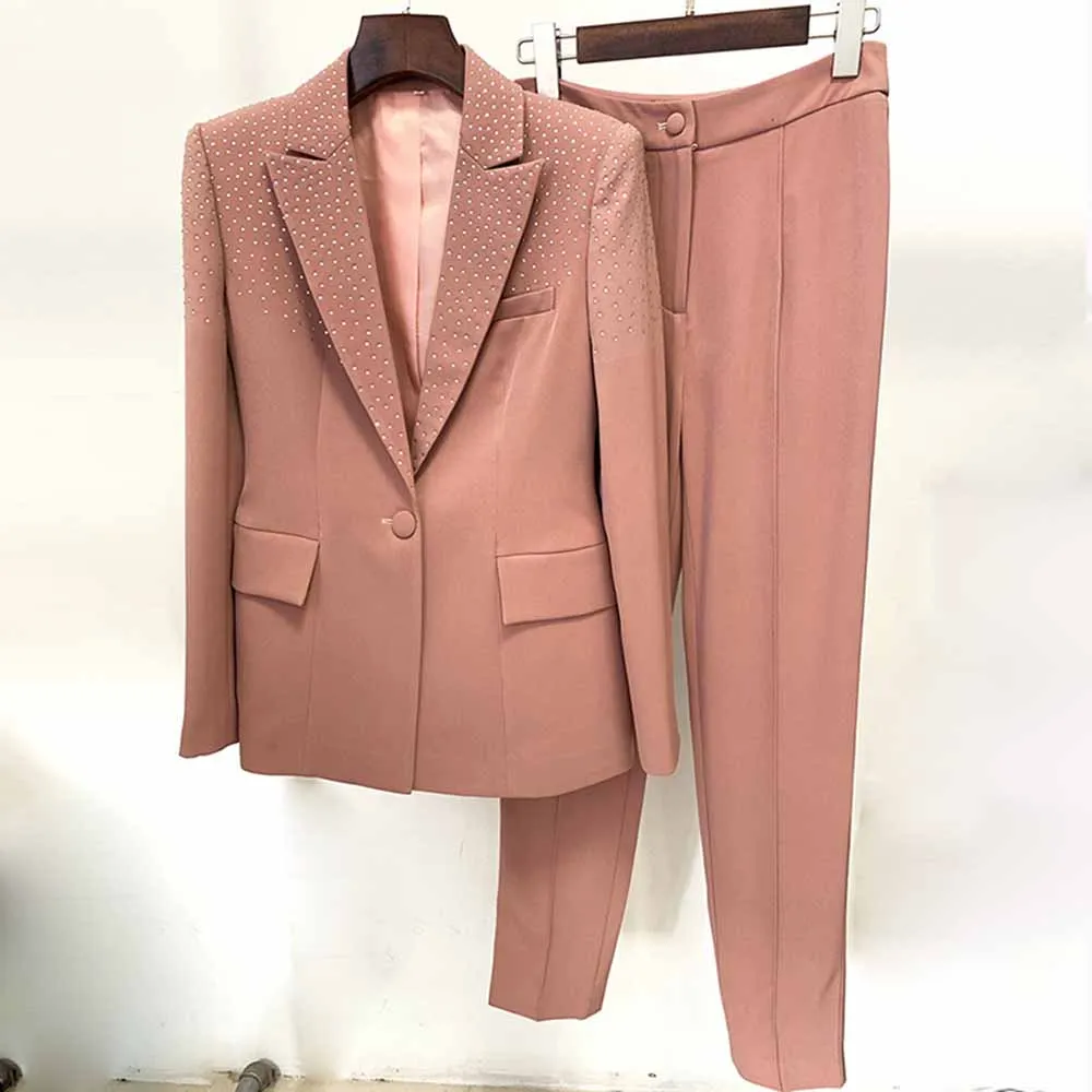 Women's 2 Piece One Button Blue Suit Fashionable Drilling Set Slim Fit Blazer Pans Suits