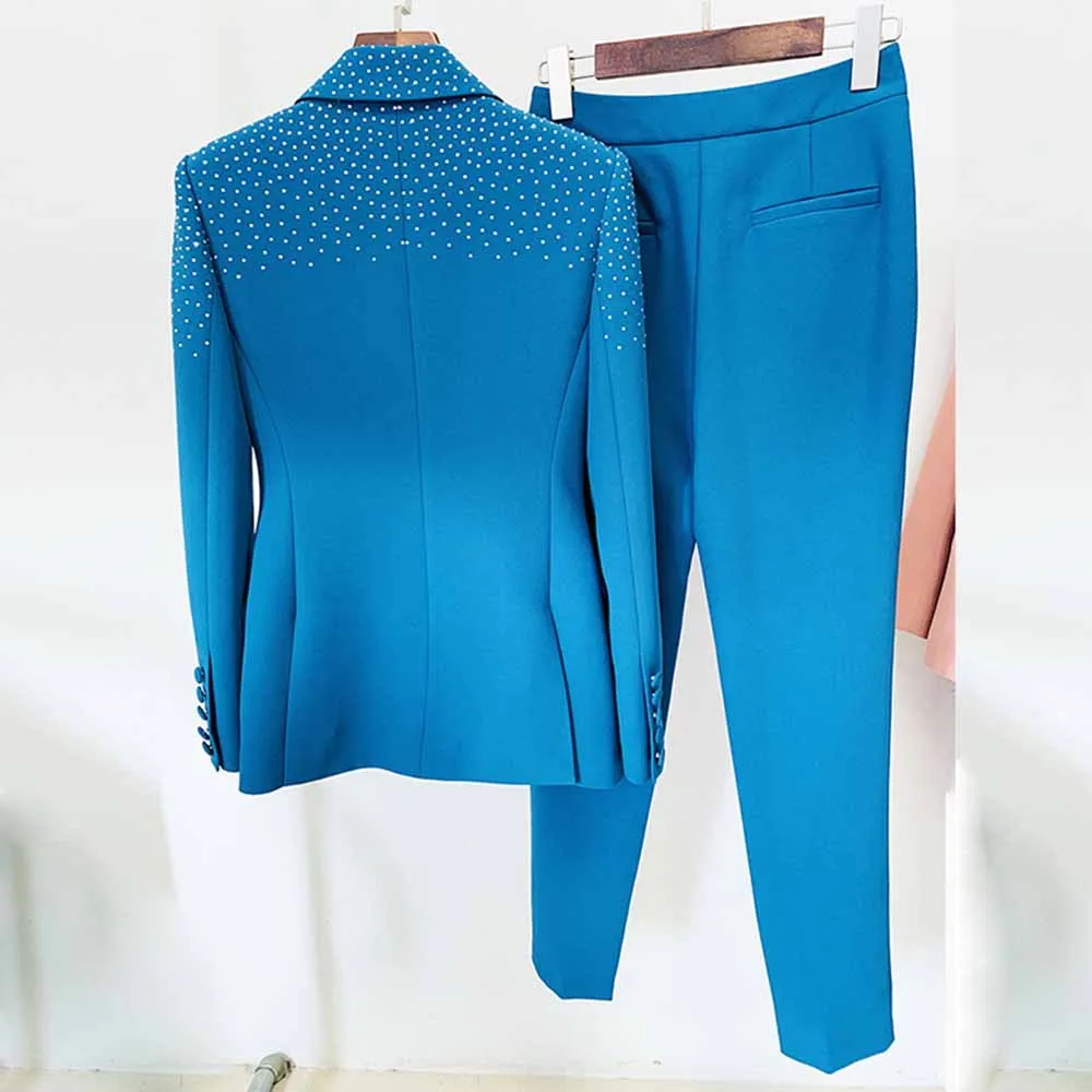 Women's 2 Piece One Button Blue Suit Fashionable Drilling Set Slim Fit Blazer Pans Suits